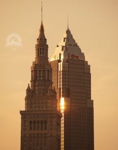 I like the shared light between the two iconic buildings that always stand out in the Cleveland skyline.