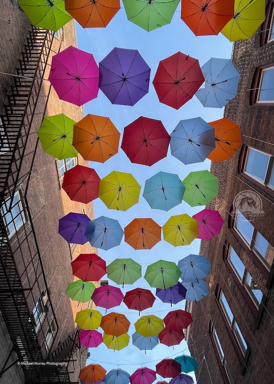 Umbrella Alley in Louisville, Ohio in Stark County. Popular attraction for photos when people visit.