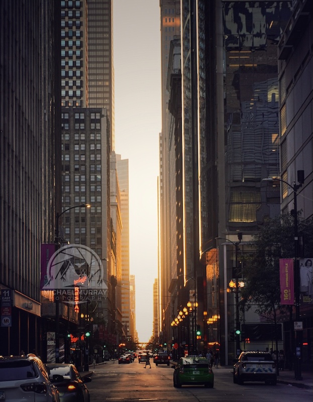 West Adams Street in Chicago, Illinois at sunset - street canyon.