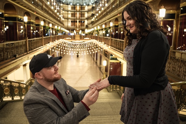 Engagement photo in the Arcade in Cleveland, Ohio