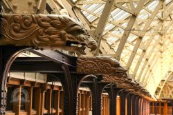 Unique view of decorative gargoyles at the historic Arcade in Cleveland, Ohio.